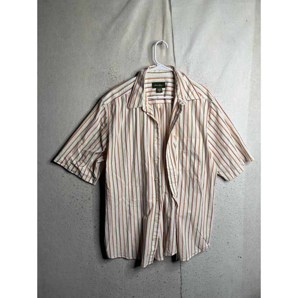 Eddie Bauer Mens XL Tall Striped Short Sleeve Button Down Shirt Orange Tan